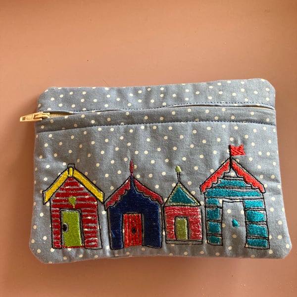 Embroidered beach hut zipped makeup bag