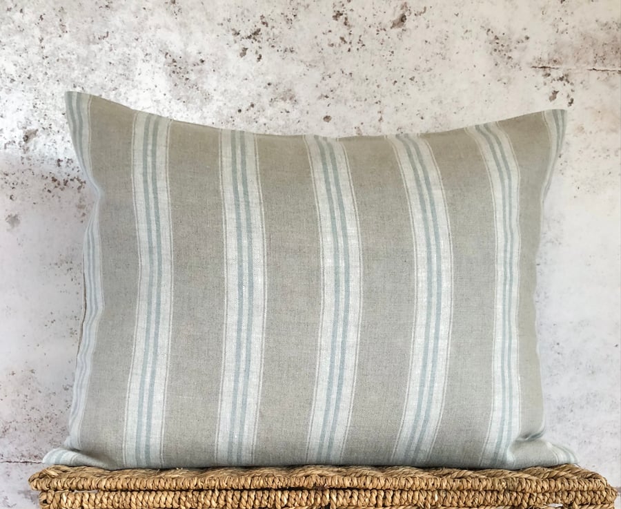 Duck egg and white striped, linen lumbar cushion cover 