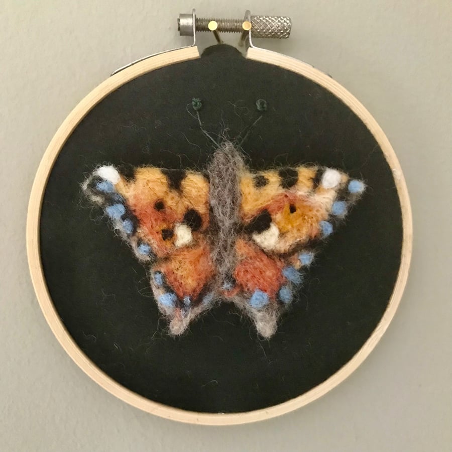 Needle felted-tortoiseshell-butterfly-hoop artwork