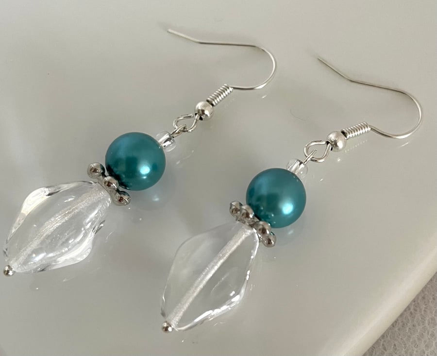 Glass and Pearl Dangle Earrings 