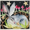 Original Resting Hare Rabbit with Mushrooms under the Stars Watercolour 