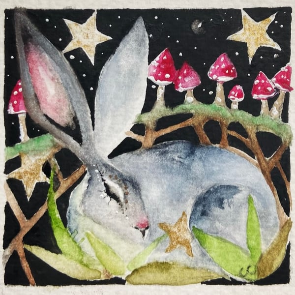 Original Resting Hare Rabbit with Mushrooms under the Stars Watercolour 