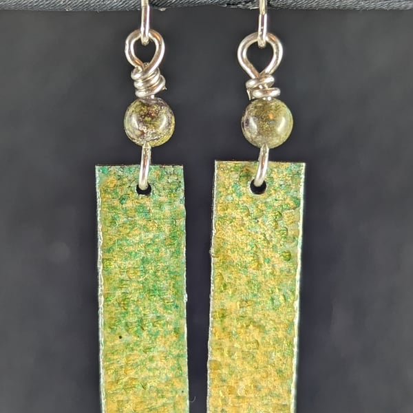 Spring green enamelled silver drop earrings