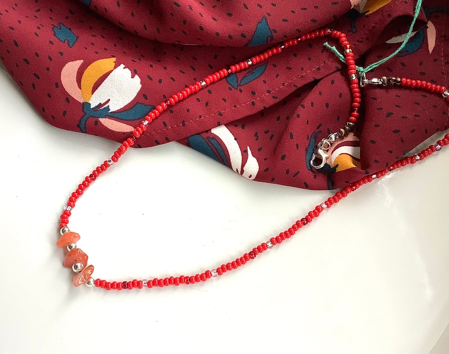 Bead & gemstones rustic, minimalist simple necklace, red and silver