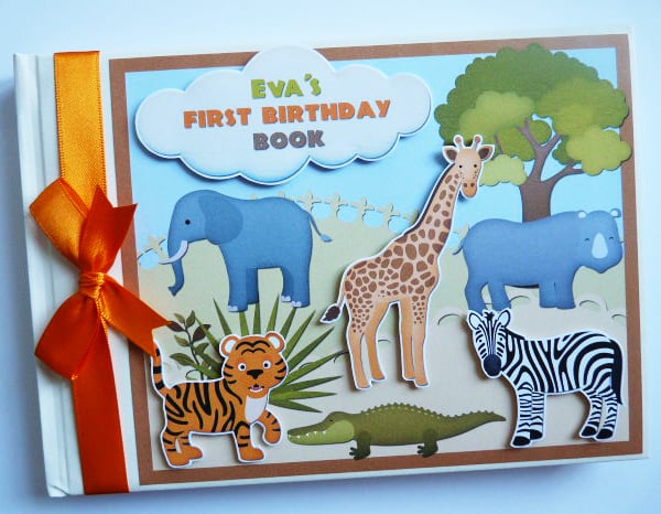 Safar birthday guest book, zebra, elephant, lion, safari birthday gift