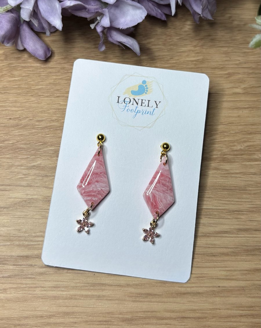 Pink Polymer Clay Earrings with Flower Charms - Lightweight 