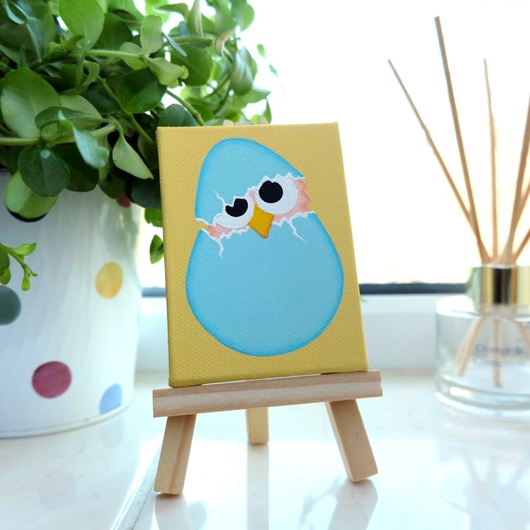 Hatching Egg Mini Painting - original acrylic art of a cute chick, new baby gift
