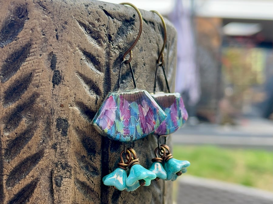 Handmade Ceramic Earrings. Vintage Style Fan Earrings with Aqua Glass Flowers