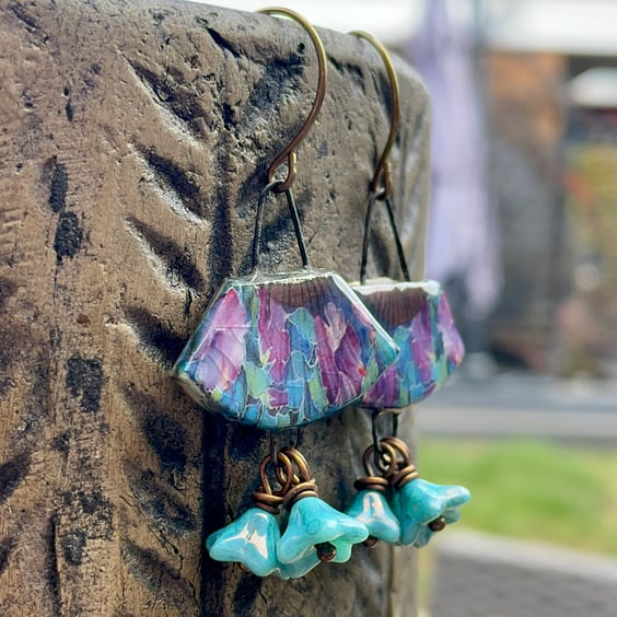 Handmade Ceramic Earrings. Vintage Style Fan Earrings with Aqua Glass Flowers