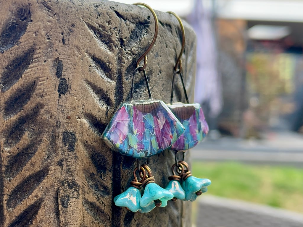 Handmade Ceramic Earrings. Vintage Style Fan Earrings with Aqua Glass Flowers