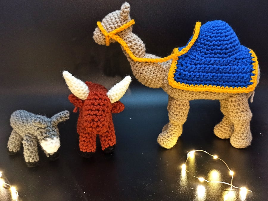 Handmade Crochet Nativity Animal Set: Camel, Cow & Donkey