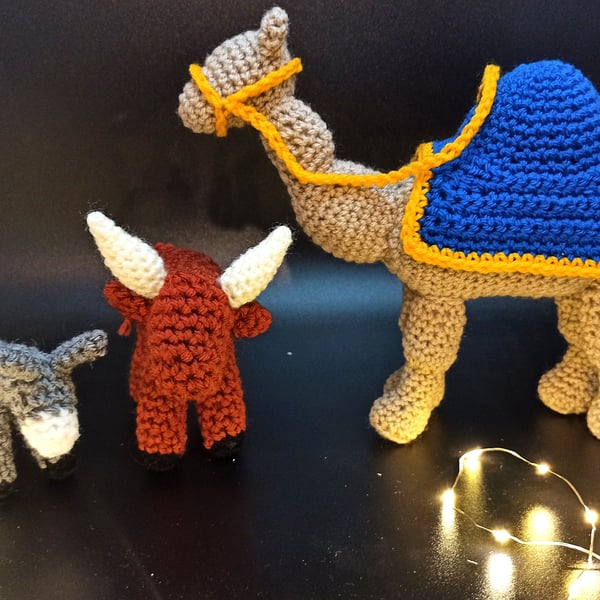 Handmade Crochet Nativity Animal Set: Camel, Cow & Donkey