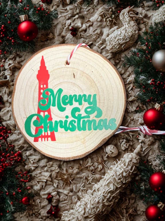 Blackpool Tower Log Slice Christmas Tree Decoration – Rustic Handmade Seaside Or