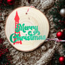 Blackpool Tower Log Slice Christmas Tree Decoration – Rustic Handmade Seaside Or