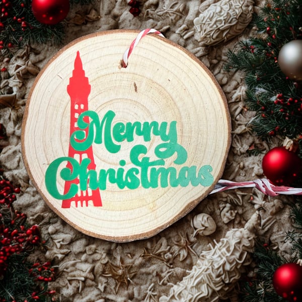 Blackpool Tower Log Slice Christmas Tree Decoration – Rustic Handmade Seaside Or