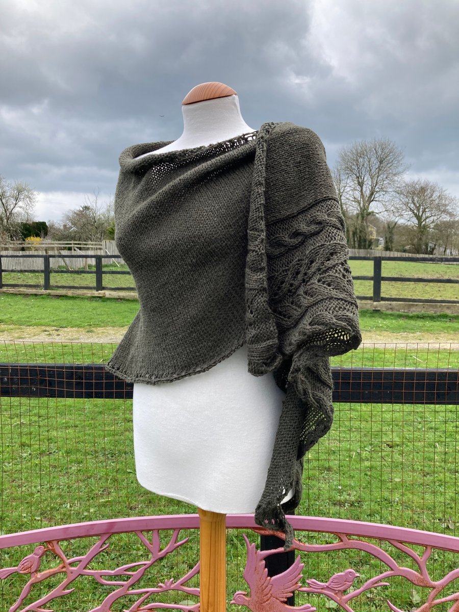 Khaki Green Organic Merino Wool Handknitted Cables Shawl Wrap Scarf