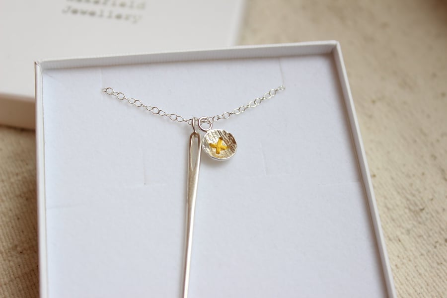 Cotton reel and button necklace, silver necklace, sewing necklace