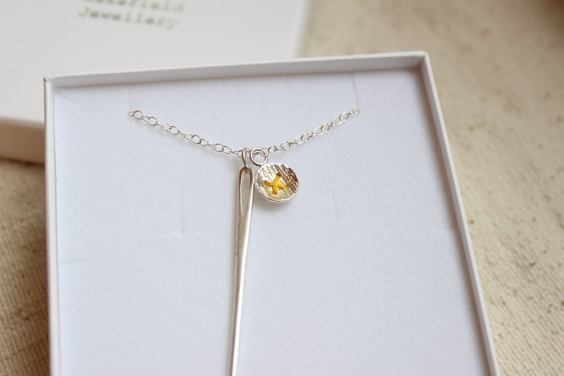 Cotton reel and button necklace, silver necklace, sewing necklace