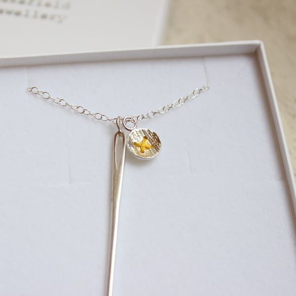 Cotton reel and button necklace, silver necklace, sewing necklace