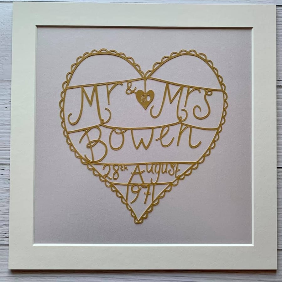 50th 'Golden' Wedding Anniversary Original Papercut - Made to order