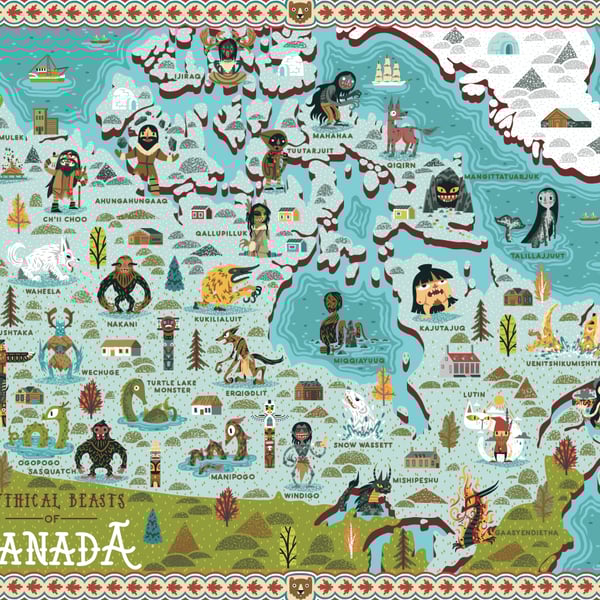 Mythical Beasts of Canada - Illustrated map - A3 Art print - Poster