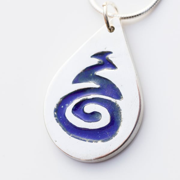 Blue enamelled 'lightning' teardrop pendant