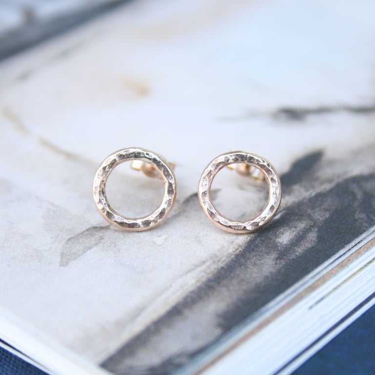 9ct solid gold circle stud earrings, hammered circle earrings, gold earrings