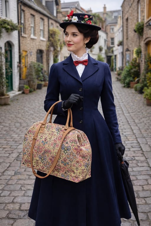  Mary Poppins style carpet bag Moors tapestry weekend bag with leather handles