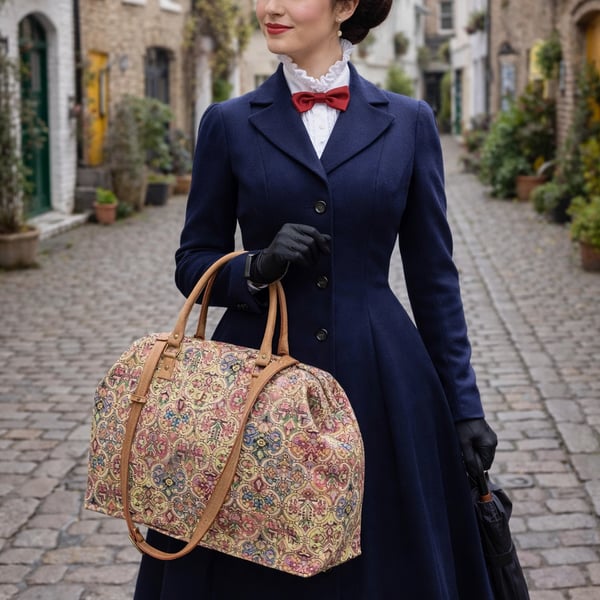  Mary Poppins style carpet bag Moors tapestry weekend bag with leather handles