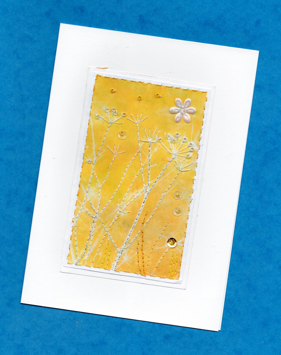 "Sunshine Yellow": Hand-embroidered Nature Digital Art Greetings Card