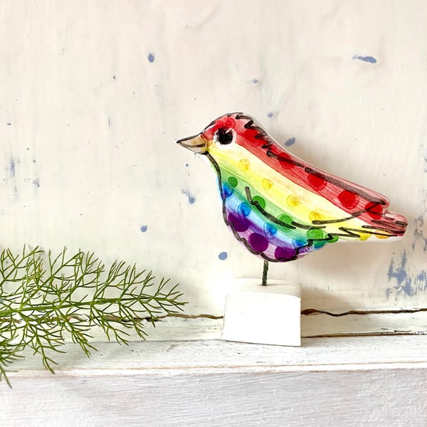 Rainbow bird ceramic ornament