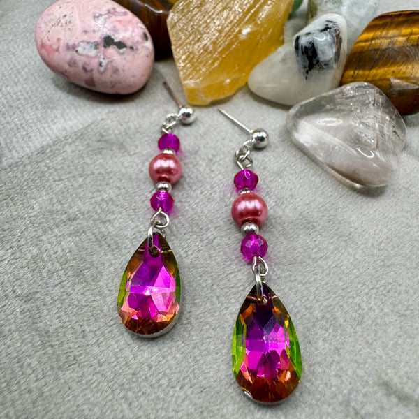 Pink crystal and glass pearl drop earrings