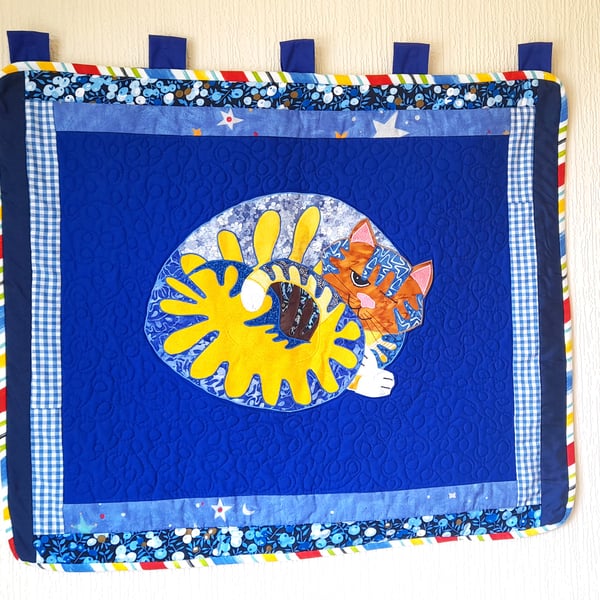 Cat Nap Wall Hanging, Applique Design, Quilted And Ready To Hang.