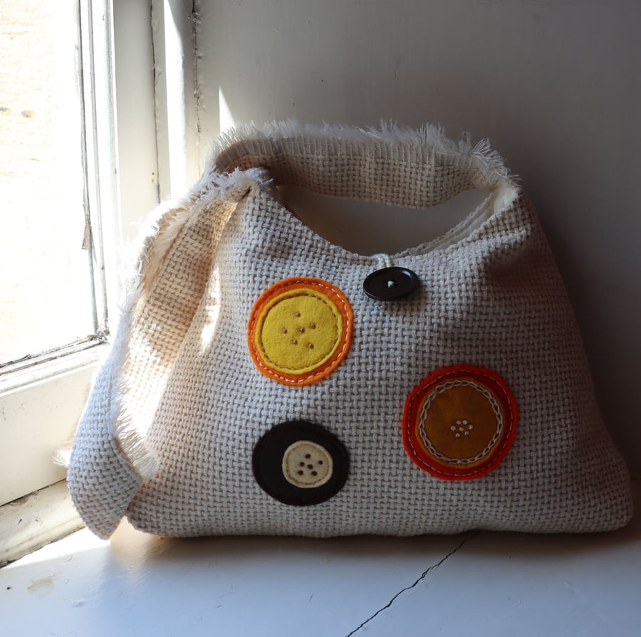 Cream fabric bag with felt appliques - Buttons