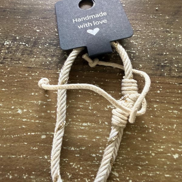 Handmade Cream Macrame Bracelet with Gold Accent Thread