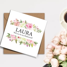 Personalised pink & white ROSES frame, blush flowers Bridesmaid invitation card