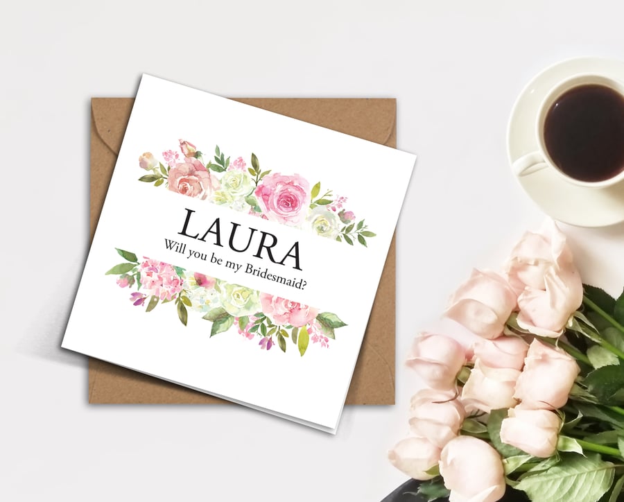 Personalised pink & white ROSES frame, blush flowers Bridesmaid invitation card