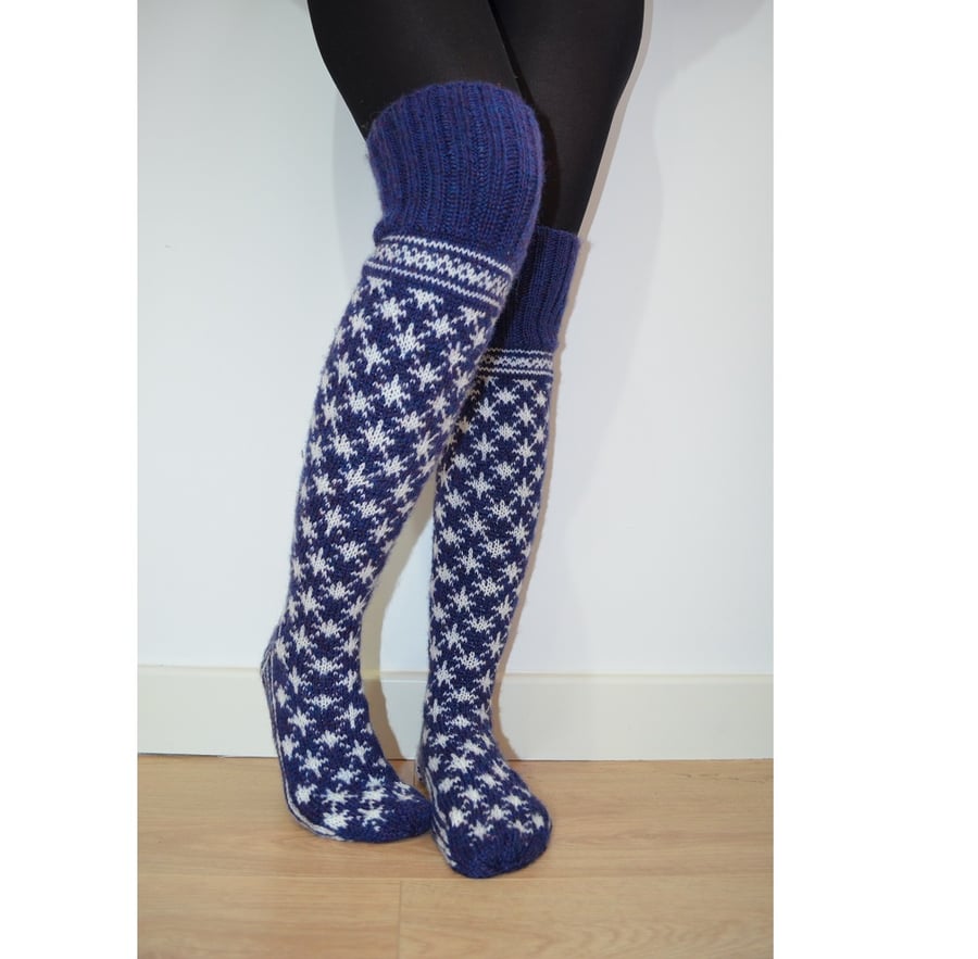 Hand Knit Wool Socks Above the Knee Blue White Christmas Snowflake Fairisle