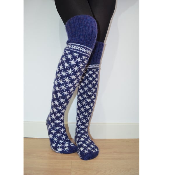 Hand Knit Wool Socks Above the Knee Blue White Christmas Snowflake Fairisle