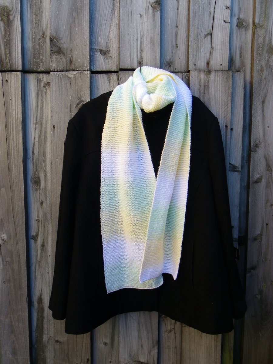  Hand knitted long and wide scarf in white lemon and lime
