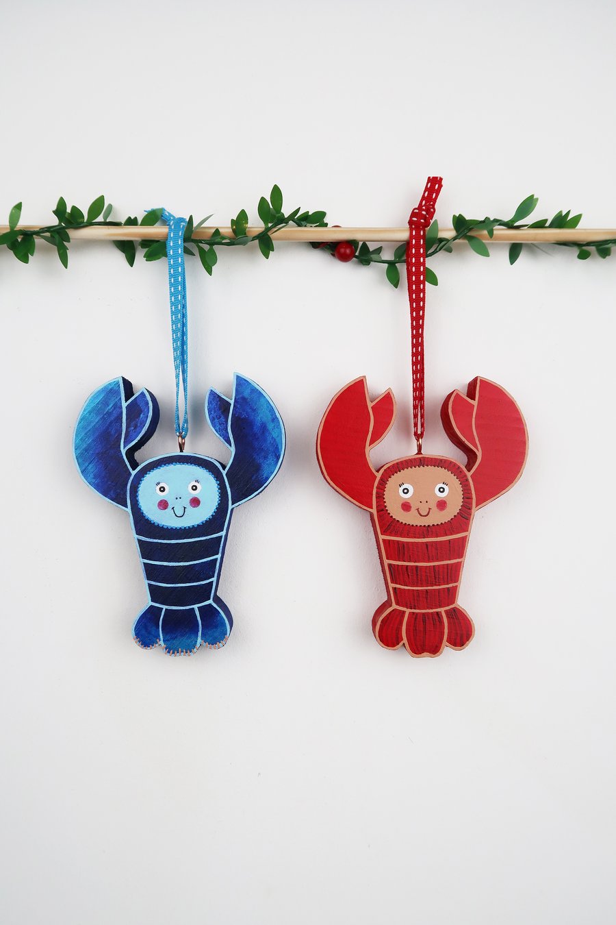 Blue and red lobster hanging ornaments, set of 2 decorations