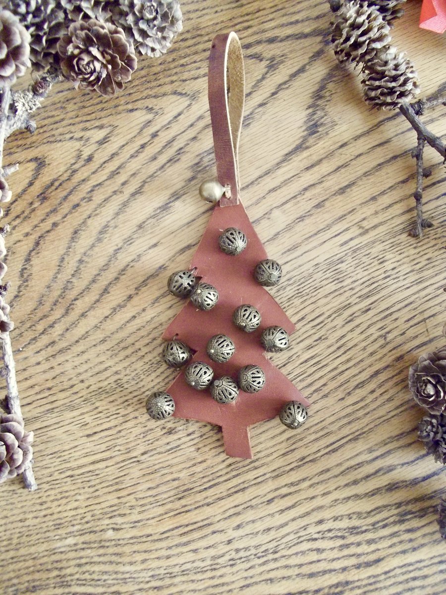 Boho Bead Handmade Christmas Tree Decoration Leather With Bell