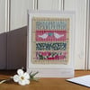 Sweet little hand-stitched card with two doves, heart and Liberty print fabric