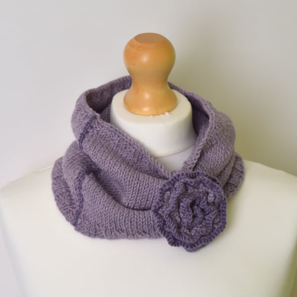 Hand Knit Merino Wool Neck Warmer, Soft Cowl Scarf with Flower