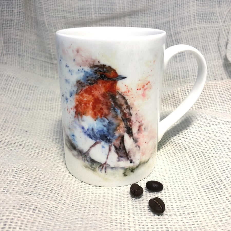 Robin Watercolour Bone China Mug, China Cup, Gift, Wildlife Art Mug by Watercolo
