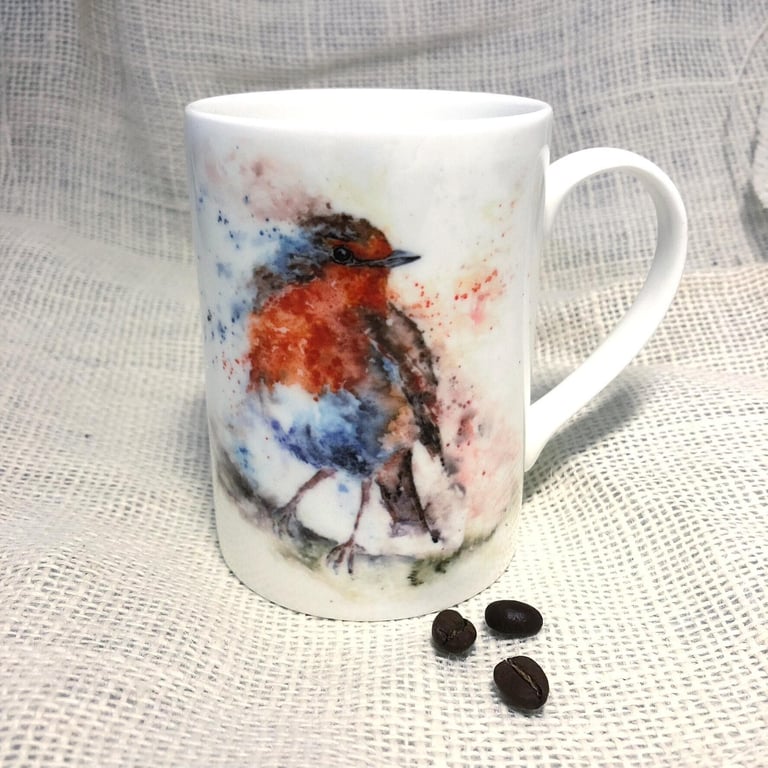 Robin Watercolour Bone China Mug, China Cup, Gift, Wildlife Art Mug by Watercolo