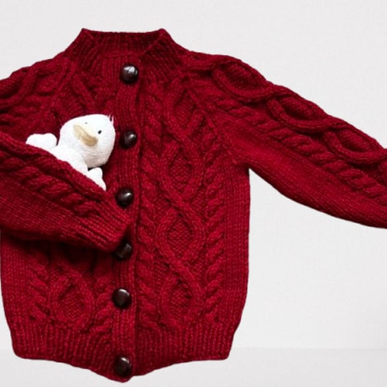 Hand Knitted Cable Pattern Cardigan- Age 2 - 3 years- Red Wool Blend Yarn