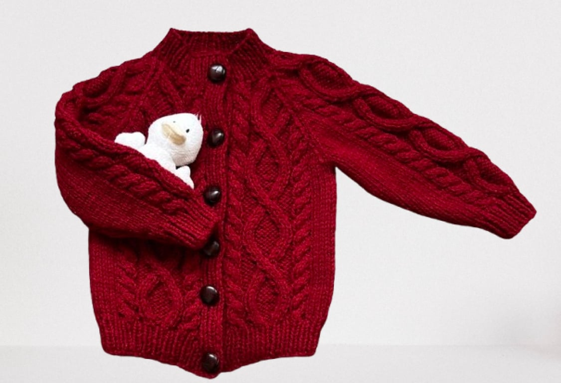 Hand Knitted Cable Pattern Cardigan- Age 2 - 3 years- Red Wool Blend Yarn