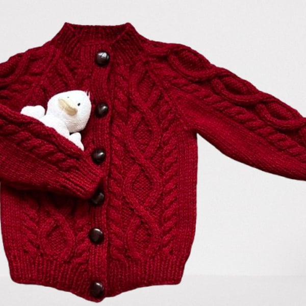 Hand Knitted Cable Pattern Cardigan- Age 2 - 3 years- Red Wool Blend Yarn