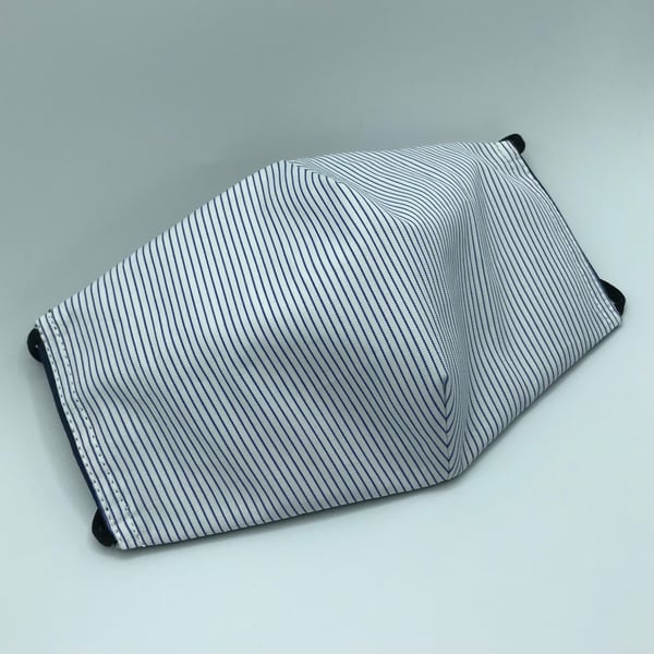 Navy Blue Pin Striped Triple Layered Face Mask. Double Sided. Cotton Fabric.